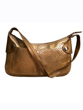 VTG Y2K Maxx New York Gold Python Embossed Leather Baguette Shoulder Bag EUC